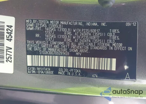 2013 Toyota Sienna L V6 7 Passenger из США, поврежденный, VIN 5TDZK3DC7DS291459